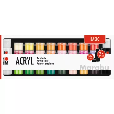   Marabu akrilfesték szett - alapszínek, 32 x 3,5 ml + 2 x 59 ml